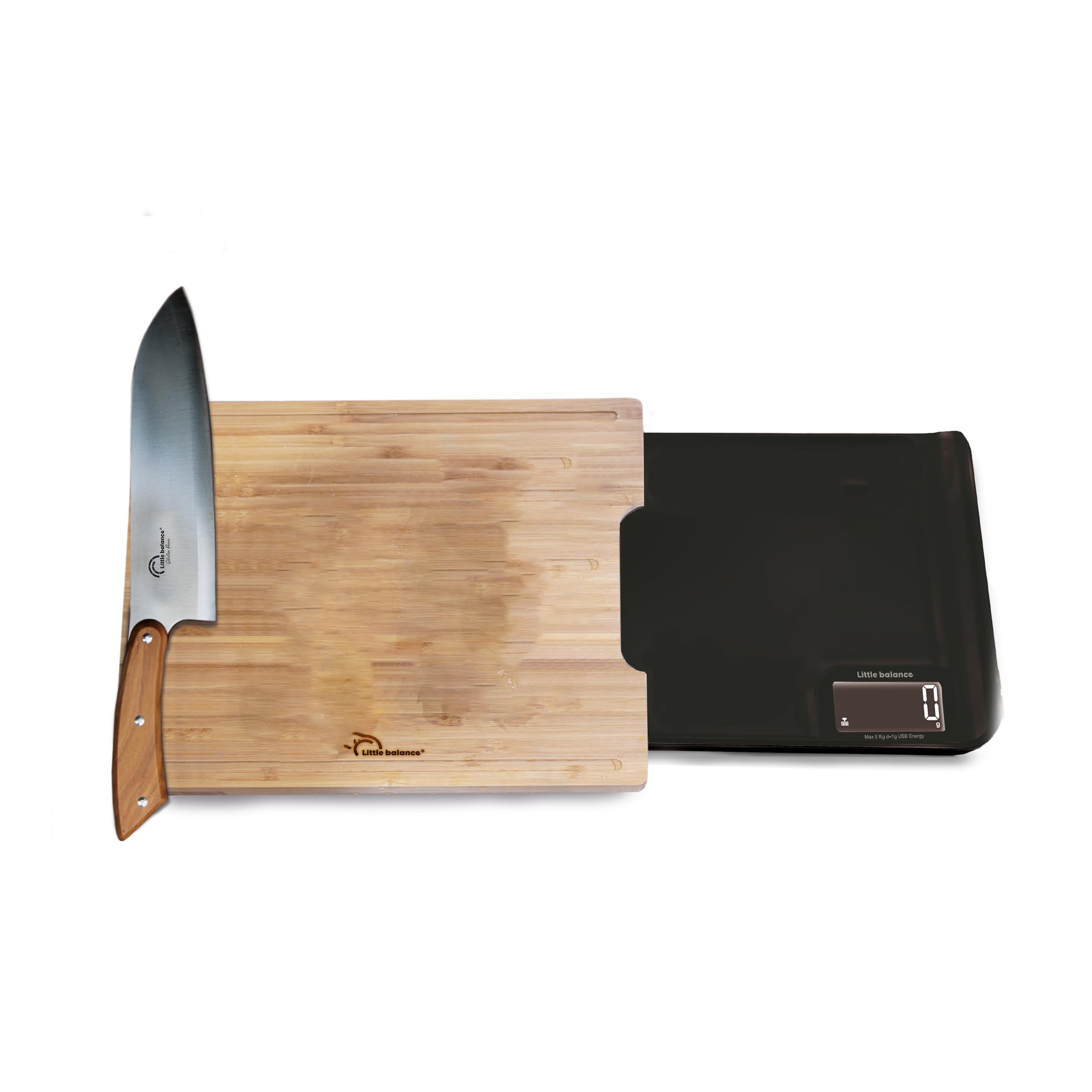 LITTLE BALANCE 8399 Chef 5 Trio USB Küchenwaage, Wiederaufladbar USB, 3-in-1 Waage, Schneiden, Wiegen, Ausgießen, alles in einer einzigen Küchenwaage, 5 kg, Schwarz & Bambus
