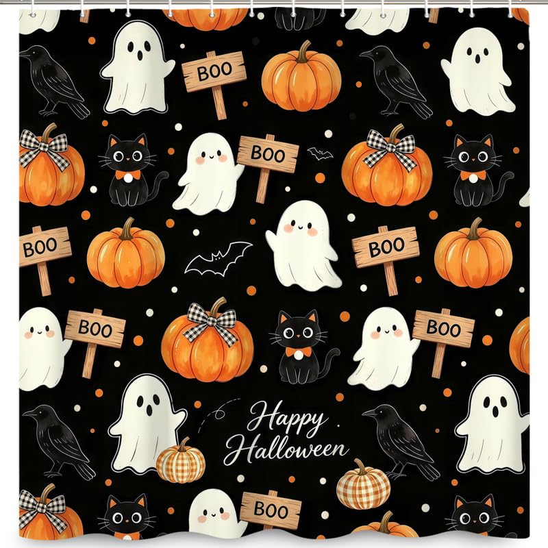Leowefowa Rideau douche Halloween fantôme chat citrouille