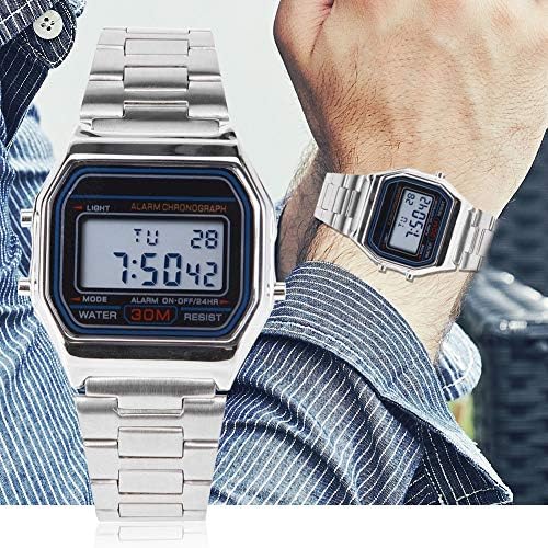 FILFEEL Watches for Men, Digital Watch Watches for Men, LED Back Light Electronic Stainless Steel Strap Watch Rectangle Wristwatch(Silver)