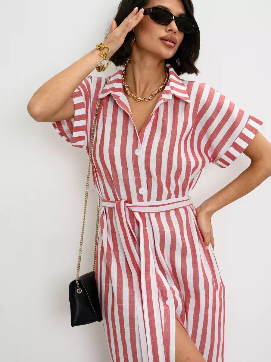 utcoco Women's 2025 Striped Short Sleeve Cotton Maxi Shirt Dress Belted Side Slit Button Down Dress with Pockets - Image 6