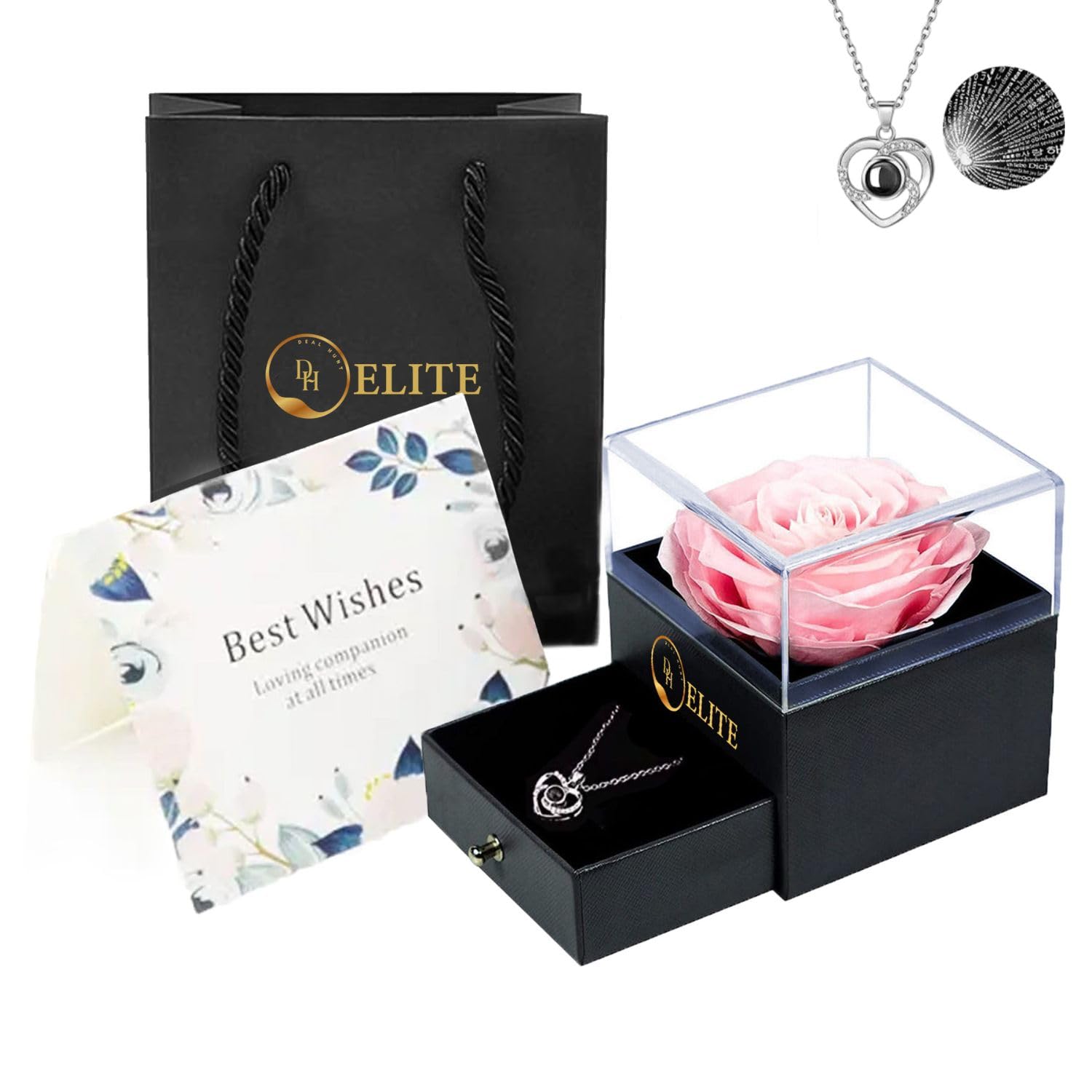 DEAL HUNT ELITE Everlasting Eternal Preserved Rose Flower with necklace, Natural Rose -Romantic Gifts for Her Real Roses,for Valentine Day,Birthday,Anniversary, Mother's Day.(H. SMALL PINK)