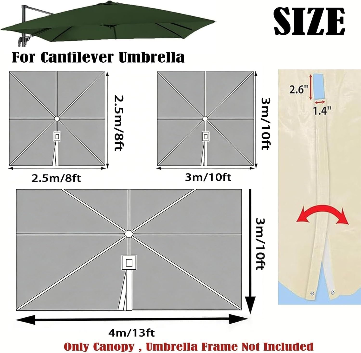 Freischwingender versetzter Regenschirm-Ersatzdach, 2,4 x 2,4 m, 3,4 x 3,4 m, quadratisch, wasserdicht, UV- und lichtbeständig, für 8 Rippen, Outdoor-Hofmarkt-Regenschirm, robuster Stoff, Rahmen nicht