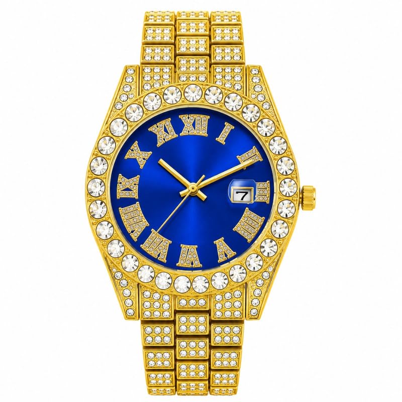 Big Rhinestone Diamond Men's Watch Roman Numeral Scale Wristwatch with Sparkling Crystal Bezel Date Display & Stainless Steel Band-image-25