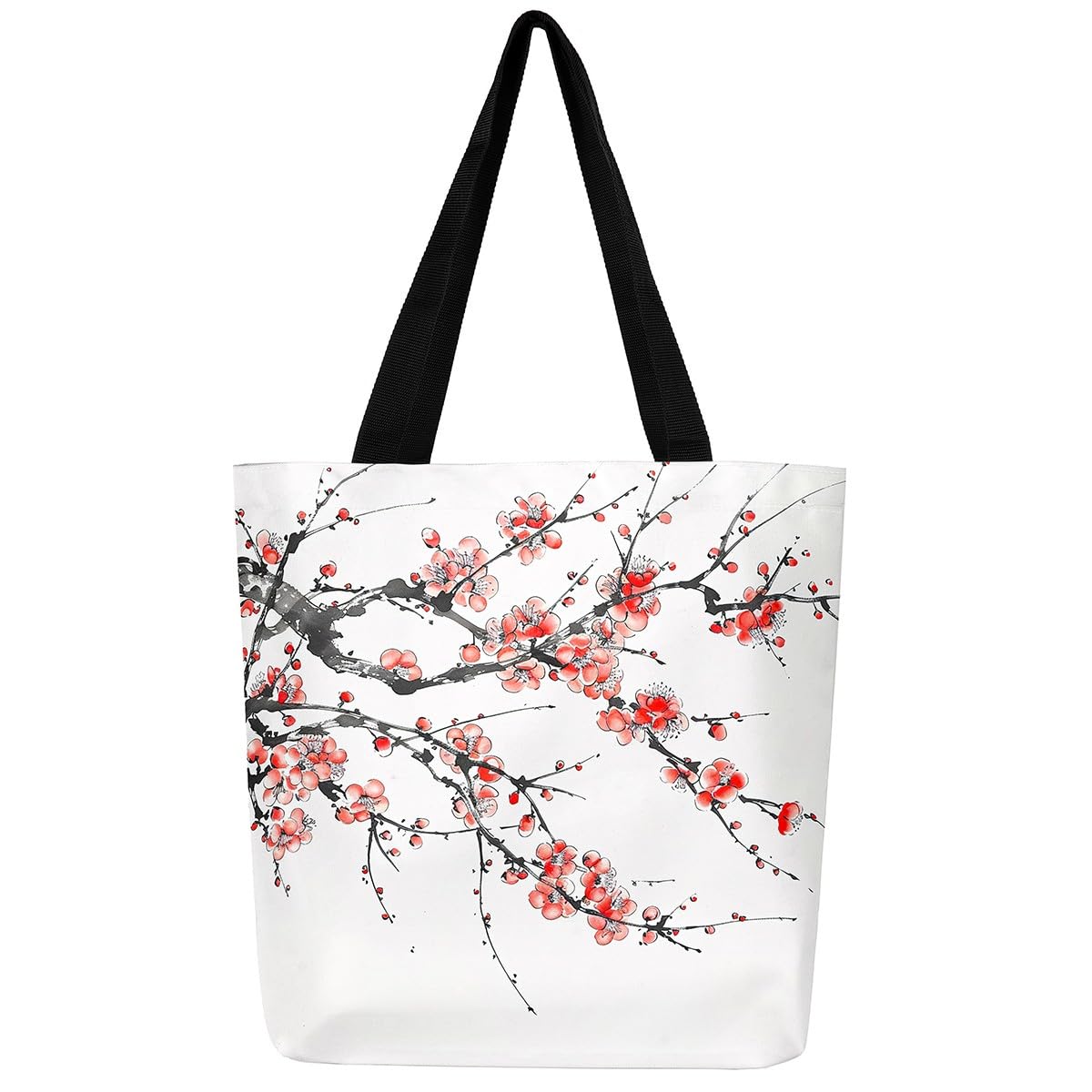 Homewish Rote Kirschblüten Leinwand Einkaufstasche, Chinesische Tinte Malerei Stil Leinwand Tasche Romantische Thema