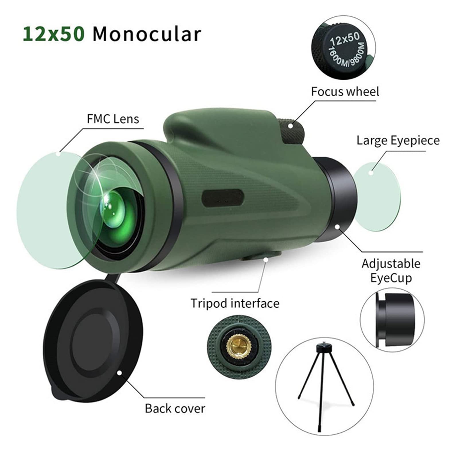 Telescopio 12X50 Monoculare Outdoor Campeggio Viaggio Caccia HDTelescopio con treppiede Supporto per Cellulare Guarda Uccelli (Color : Monocular Set)