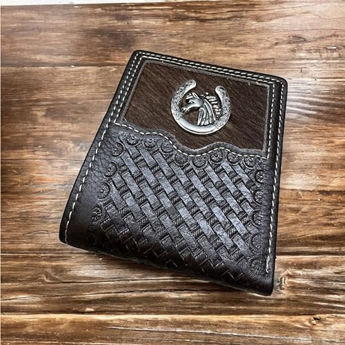 Urbalabs Mens Cow Hair Cowboy Horse and Horseshoe Basketweave Bifold Western Leather Wallet High End Hand Stitched Leather Style Mens Wallets Leather Bull Rider Rodeo Gifts For Men (Coffee)2