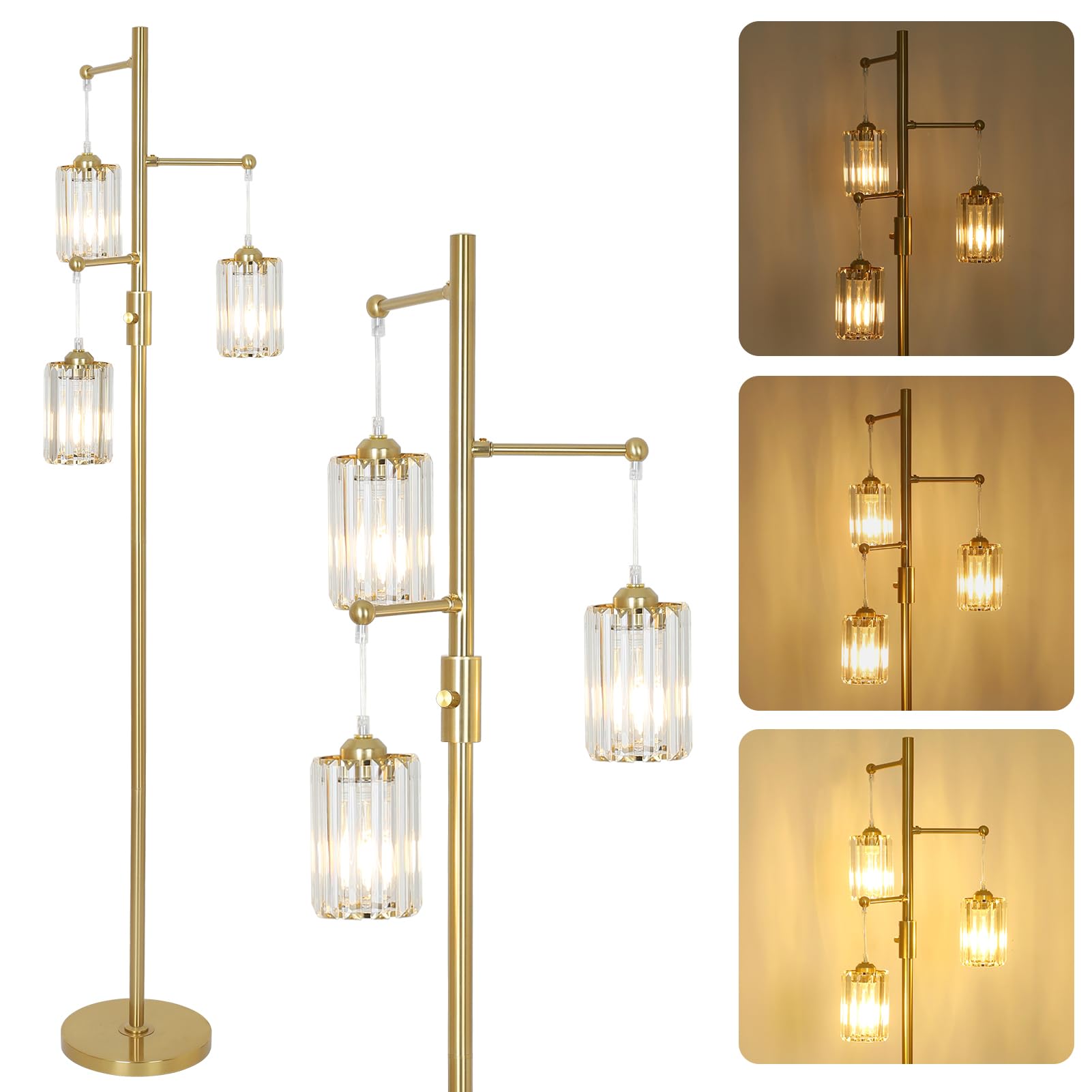 Rayofly Dimmable Floor Lamps for Living Room, 3-Lights Crystal Standing Lamps for Living Room, Gold Floor Lamp with Glass Lampshades, Modern Floor Lamp for Bedroom, Standard Tall Lamps for Office