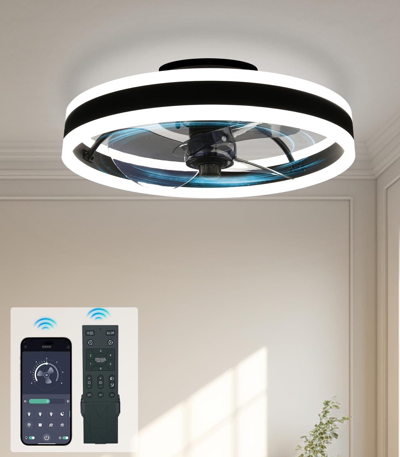 Alljia Smart Fan Light Ceiling, Flush Mount Light with Fan 6-Speed for Bedroom Living Room with Remote/App Control, Timer, Low Profile 3000K/4500K/6000K Stepless Dimmable Fan Lights, 15.7" Black โ image 1