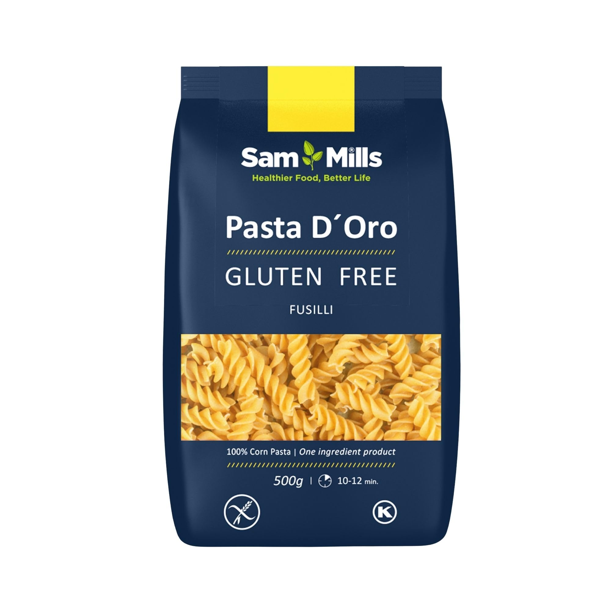 Sam Mills - Fusilli Sin Gluten - 1 paquete de 500 g - 100% Harina de Maíz - Fabricado en Instalaciones Sin Gluten - Mejora el Tránsito Intestinal - Ideal para Dietas Veganas - 1