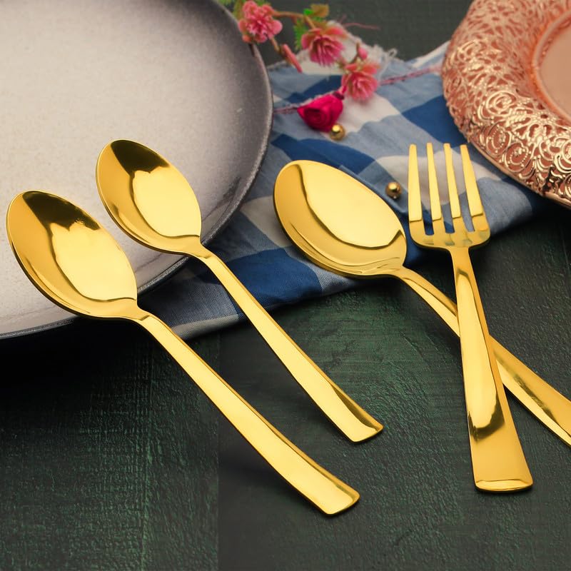 Parage 24 Pieces Premium Stainless Steel Golden Cutlery Set, Home & Kitchen with Gift Box, PVD Gold (6 Pieces Each Table Spoons, Table Forks, Dinner Spoons & Tea Spoons) with Leatherite Box offers donot miss 6 Parage 24 Pieces Premium Stainless Steel Golden Cutlery Set, Home & Kitchen with Gift Box, PVD Gold (6 Pieces Each Table Spoons, Table Forks, Dinner Spoons & Tea Spoons) with Leatherite Box offers donot miss