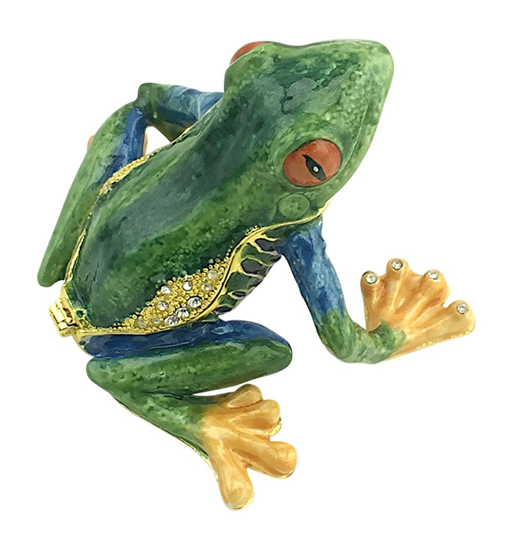 Kubla Craft Bejeweled Tree Frog Trinket Box By 2.5" W x 2" T Blue, Green, Gold, White