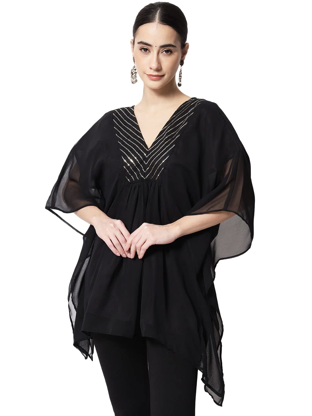 studio rasaWomen's Georgette Sequin Embroidered Yoke Kaftan for Festive Wedding Party