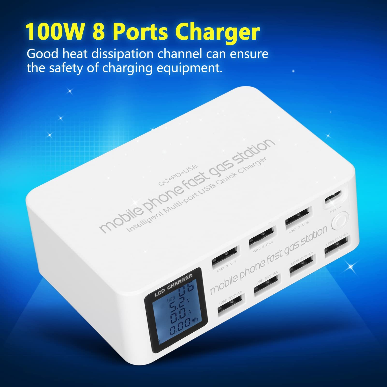 Estación de Carga múltiple Inteligente Cargador de Pantalla LCD de 8 Puertos WLX-818D Estación de Carga USB multipuerto de 100 W para teléfonos Cargador de Pantalla LCD multipuerto(ME)
