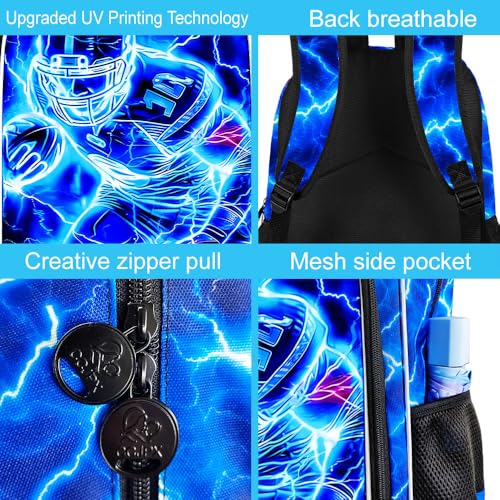 Image of 17 inch Football Backpack for Boy, 3Pcs Lightning Bookbag for Elementary Preschool Kindergarten, Kids School Backpacks with Lunch Box (Blue)