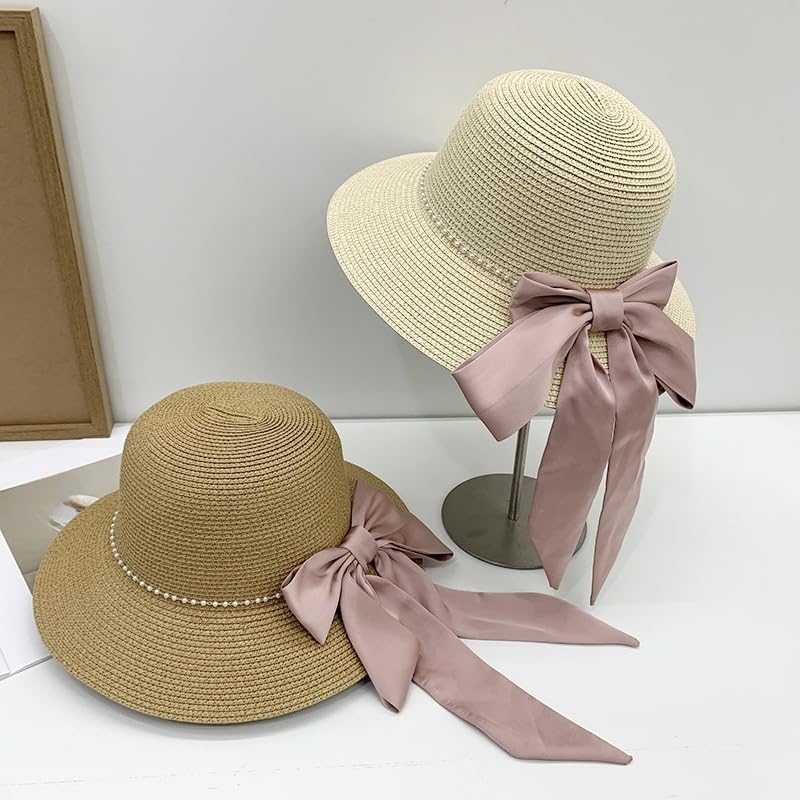 Sombrero de Paja para Mujer,ala Ancha,Plegable,para Playa,con Miniperla y Lazo de Satén,para Viajes,Vacaciones de Verano,Suave,Ligero y Transpirable