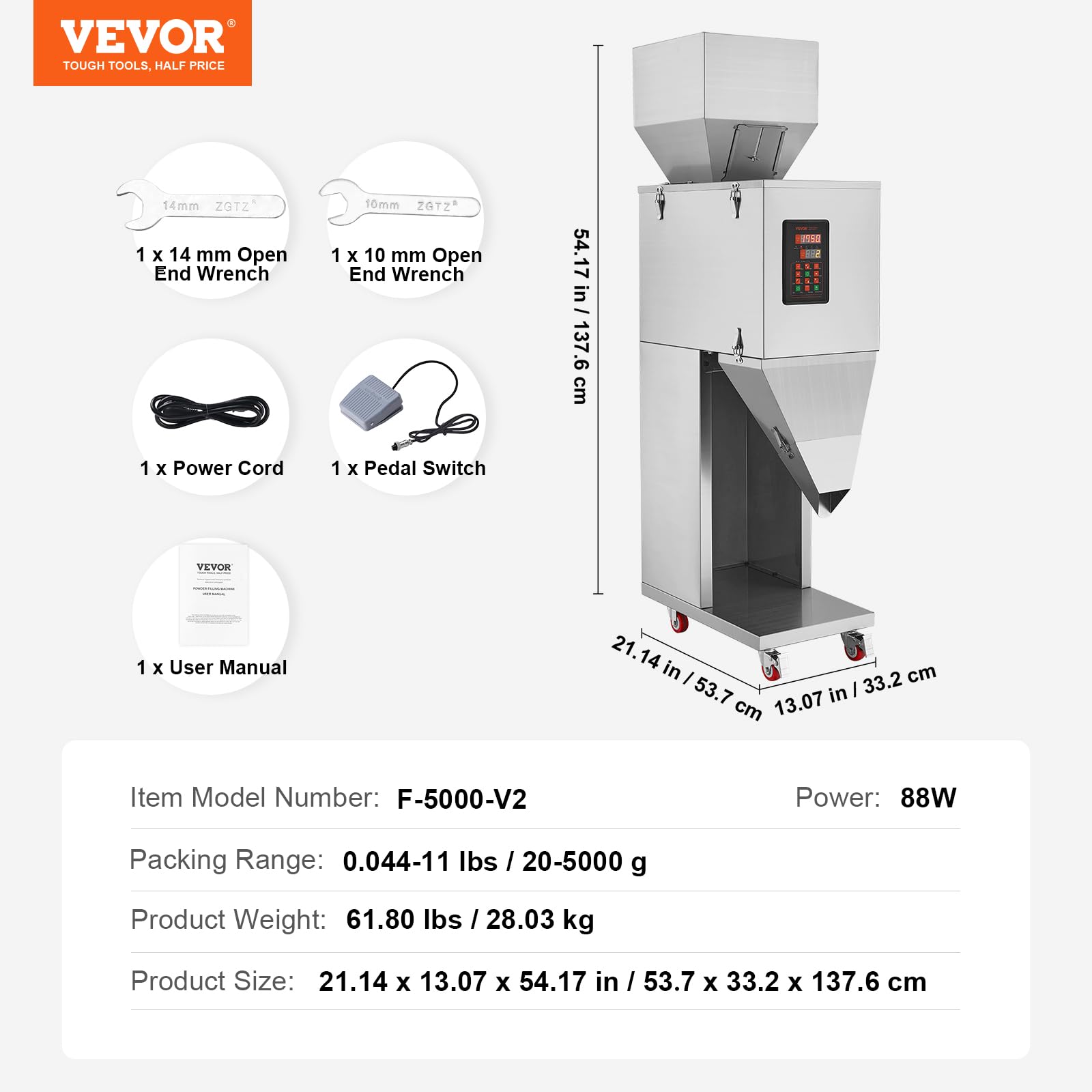VEVOR Máquina llenadora de partículas, 20-5000 g, Máquina llenadora automática con pedal, Acero inoxidable, Llenadora con pesaje para frijoles, semillas, granos, té, embalaje granular