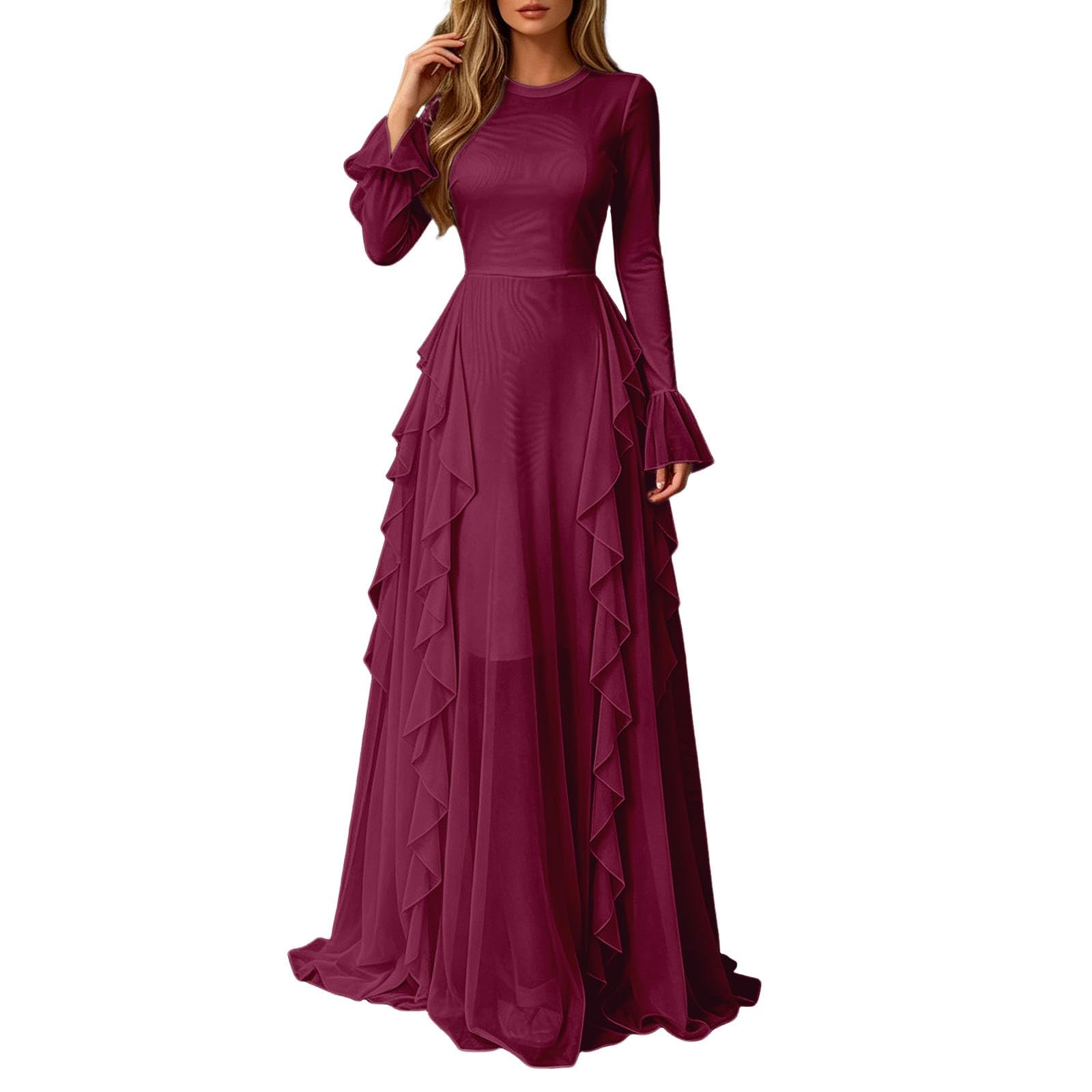 Elegante Abito da Sera Viola con vestibilità Aderente e Classico Abito a Maniche Lunghe per Eventi e Feste in Costume.