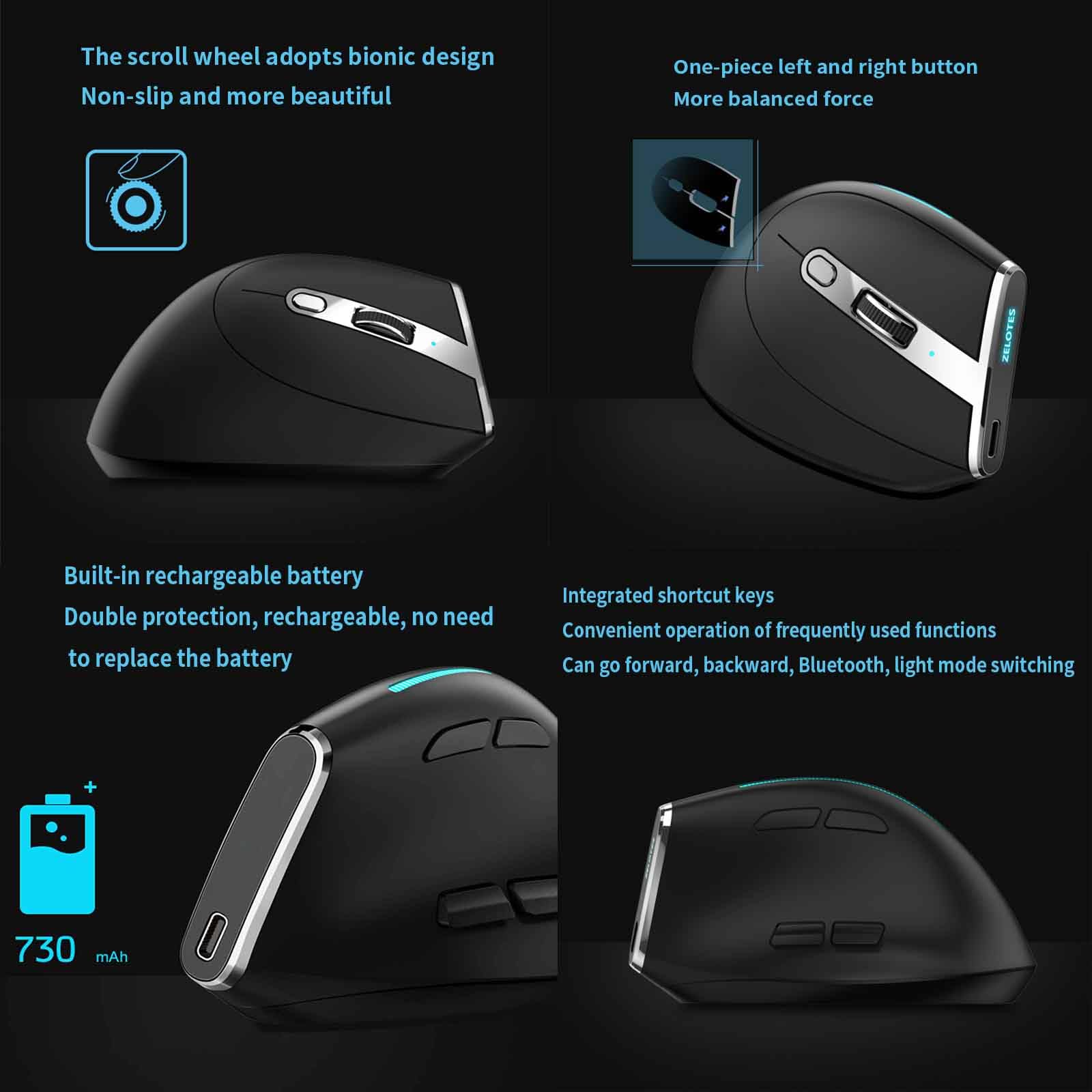 JUSHZ Bezprzewodowa myszka komputerowa do laptopa USB mysz do gier Bluetooth 4-kierunkowe przewijanie, ergonomiczne, przenośne, programowalne przyciski, akumulator, bezprzewodowa, pionowa, do