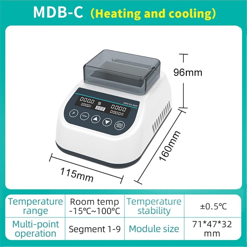 Mini incubadora de baño seco, calefacción y refrigeración de laboratorio, 9 configuraciones de programa, control termostático, tubos de 0,2/0,5/1,5/2 ml, para secado de reactivos químicos