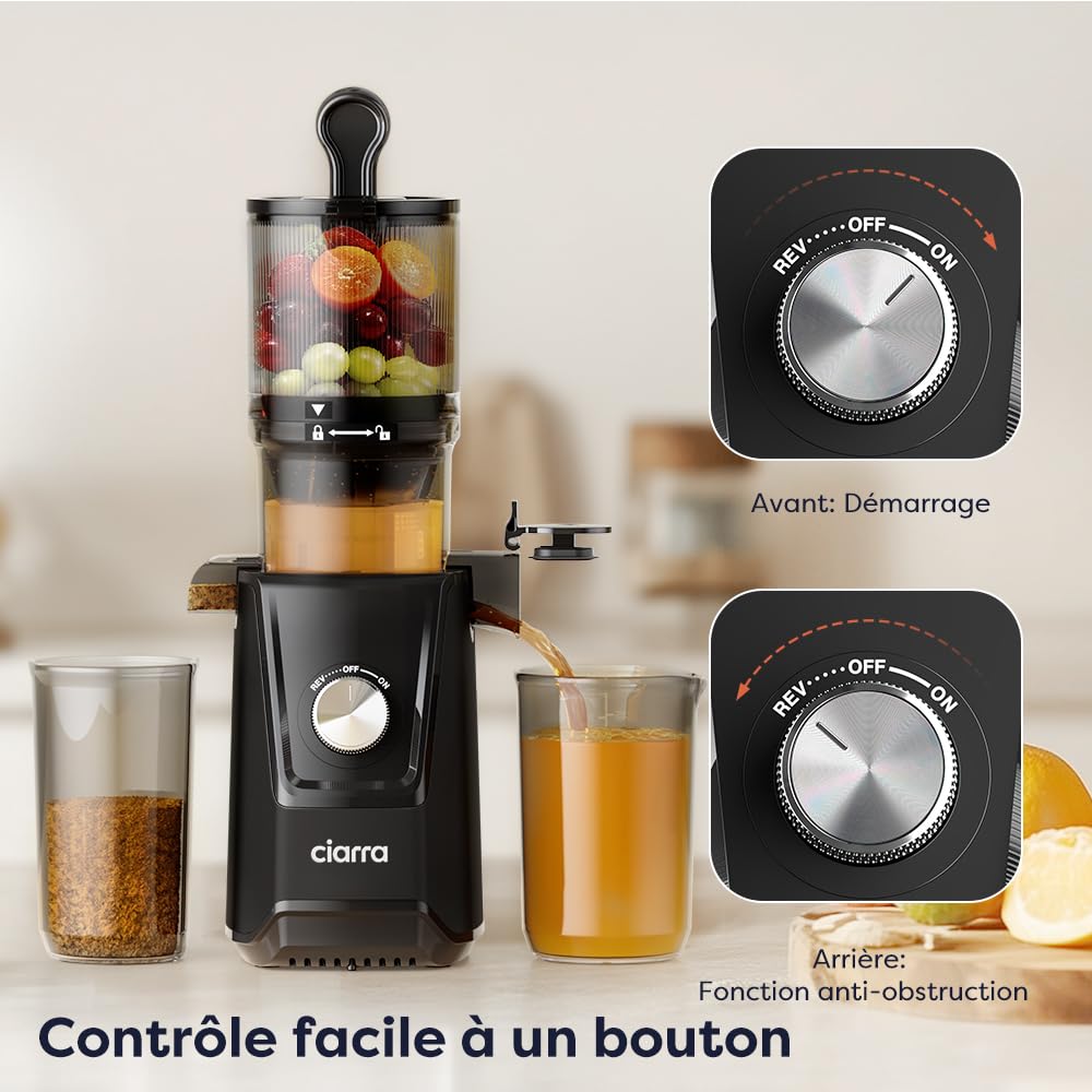 Ciarra AWSJ046-B Extracteur de Jus Fruits Légumes, Slow Juicer 1.2L Sans BPA, 108 mm, Noir