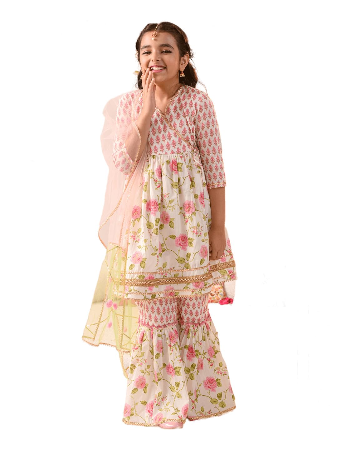 Pspeaches Girl's Cotton Kurta & Sharara (Sha-Pinkoffwhite-14-15Y_Offwhite