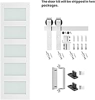 Vista 6 de Puerta de granero de vidrio de 28'' x 84'' y kit de herrajes de níquel cepillado de 5 pies incluido, losa de puerta de granero blanca de MDF