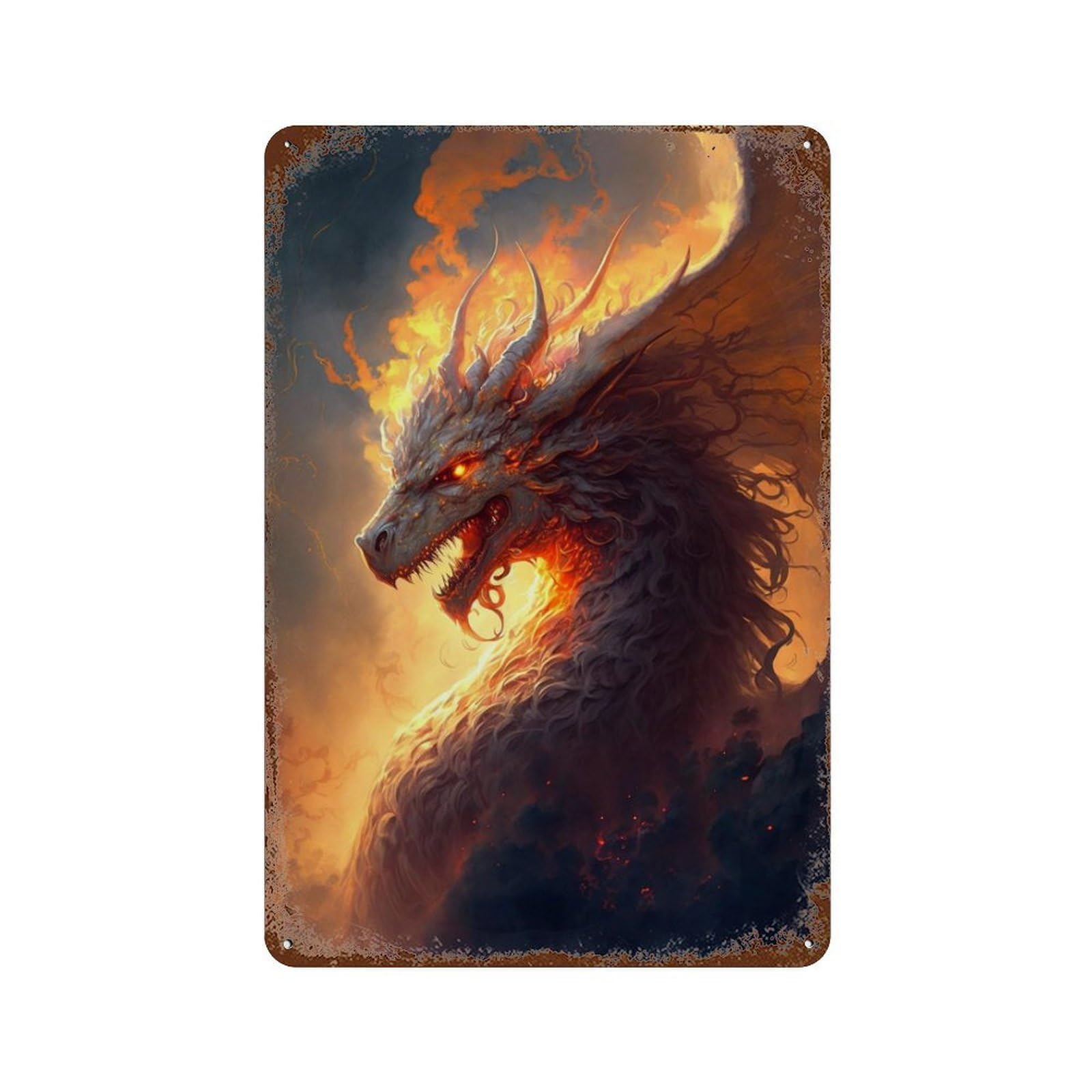 Weathered Tin Sign Fiery Dragon Artwork -4 11.8"x7.9", Novelty Wall Decor for Basement, Hobby Room And Garage Decor