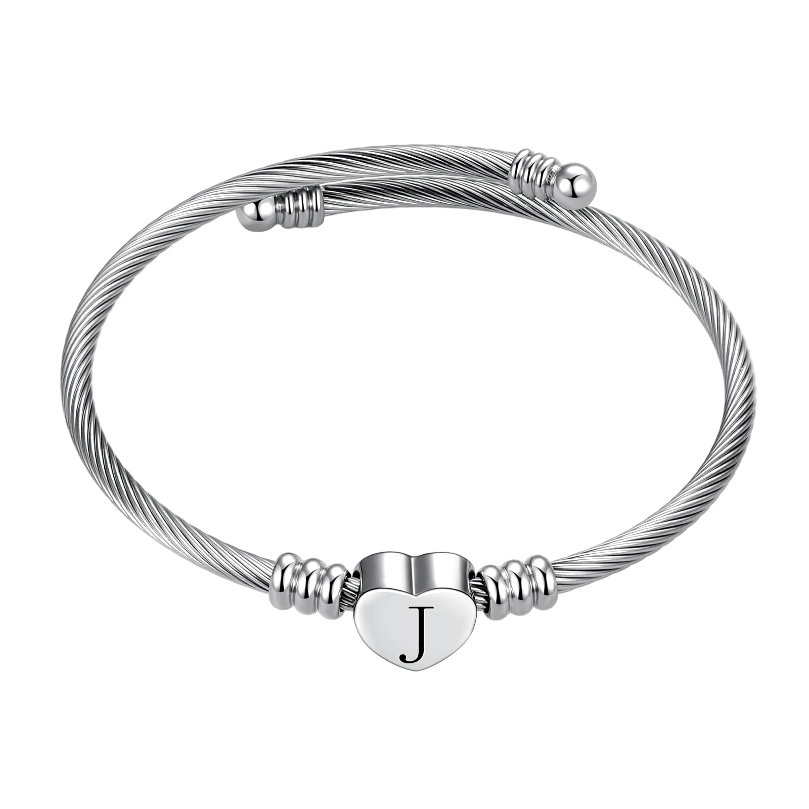 Silver Initial Letter Cuff Bracelet for Women Expandable Stainless Steel Heart Bangle Bracelets for Women Personalized Jewelry