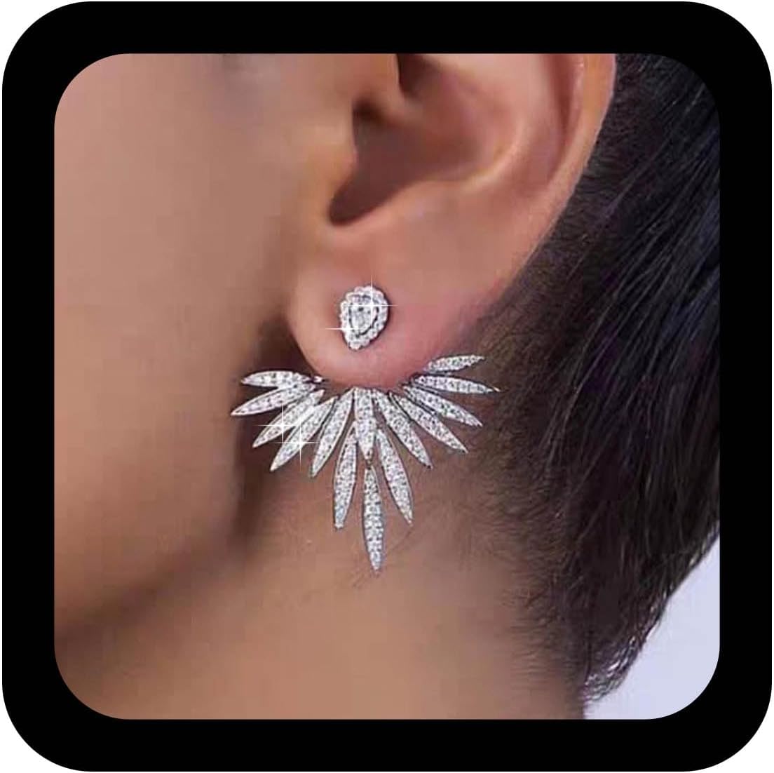 Vintage Crystal Lotus Ear Jacket Earrings Rhinestone Lotus Stud Earrings Silver Cz Lotus Ear Climber Earrings Crystal Curved Earrings Crystal Wing Ear Jacket Earrings for Women
