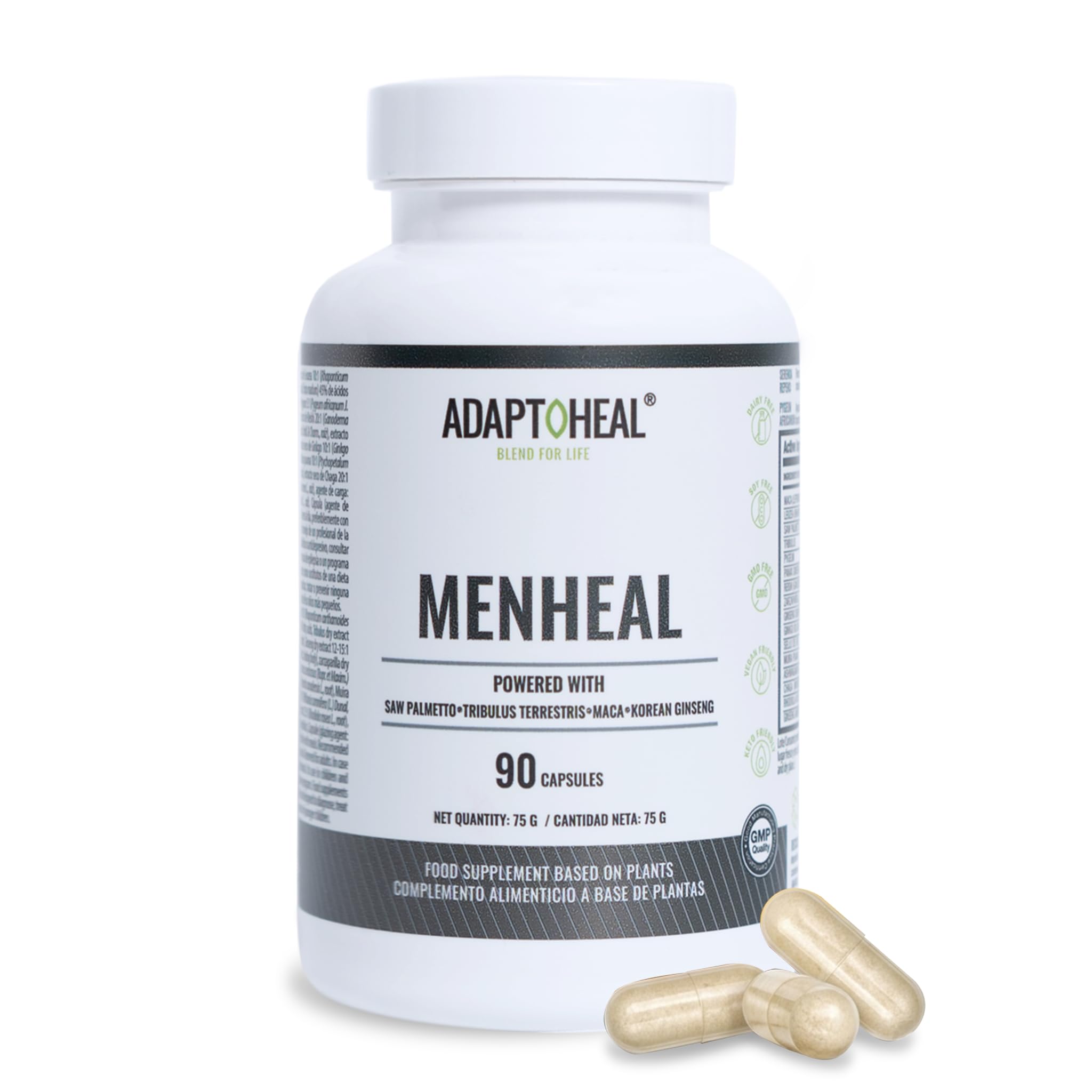 Adaptoheal Menheal - Adaptógenos para la Testosterona - 90 Cápsulas | Con maca negra, tríbulus, saw palmetto, ginkgo y ashwagandha, para el hombre, vegano, sin gluten, laboratorio español