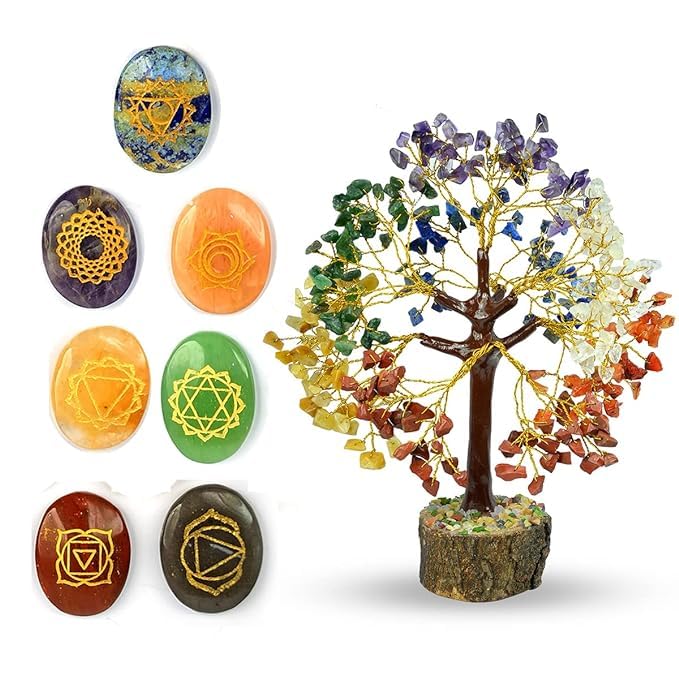 Rebinyn 7 Chakra Symbol Engraved Set Healing Gemstone with 7 Chakra Tree 300 Beads for Chakra Healing
