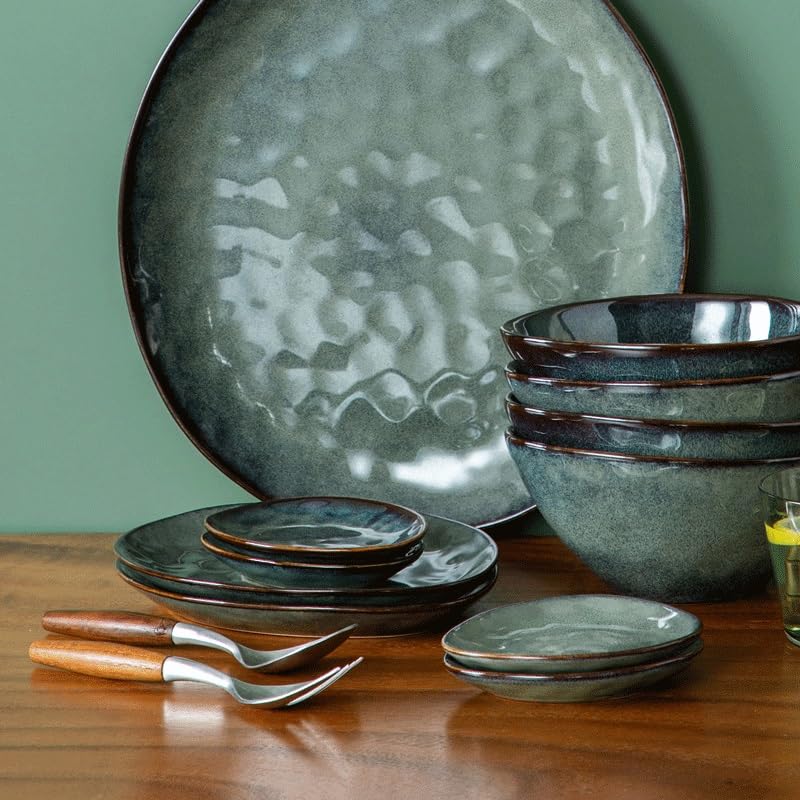 Ceramiczny zestaw zastawy stołowej, 11-częściowy zestaw obiadowy w stylu vintage, z talerzem do serwowania, talerzem deserowym, miską i spodkiem