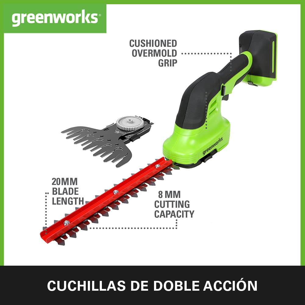 Greenworks G24SHTK2 2/1 Cortasetos con Batería 24 V y cargador - Cuchillas para Setos 20 cm que corta Tallos y Ramas de hasta 8 mm, 2800 spm - Cuchilla para hierba 15 cm con 3 Años de Garantía