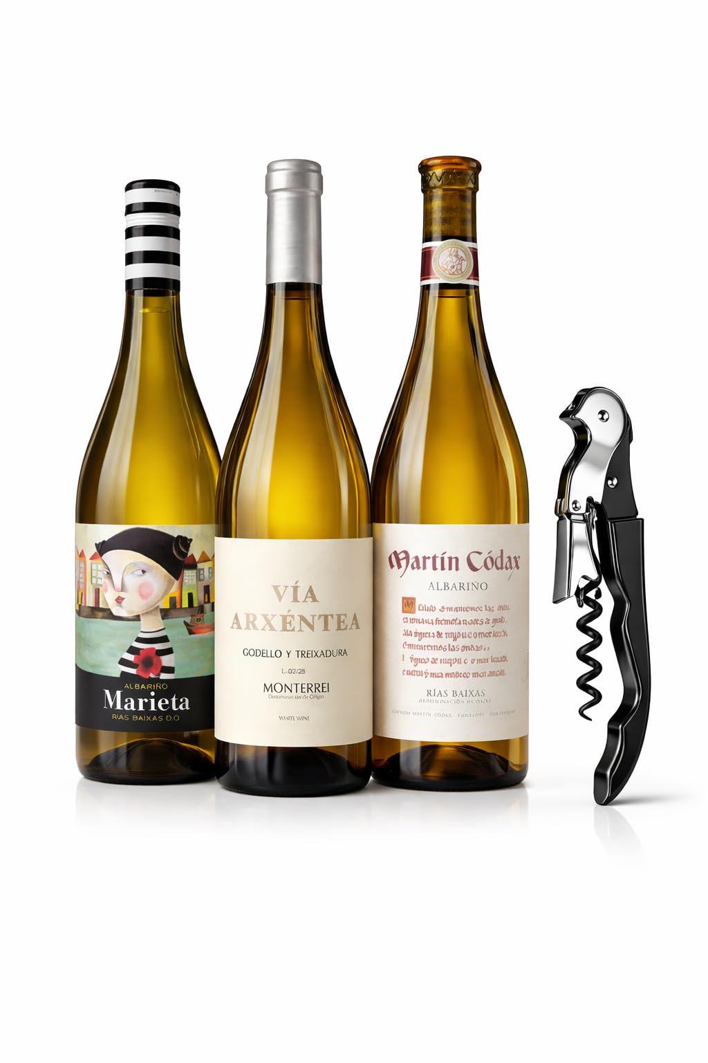 Pack 3 Vinos Blancos Gallegos Premium (Albariño, Godello y Treixadura) + Sacacorchos Profesional de Regalo – Marieta, Vía Arxéntea y Martín Códax – Mysecretwine-