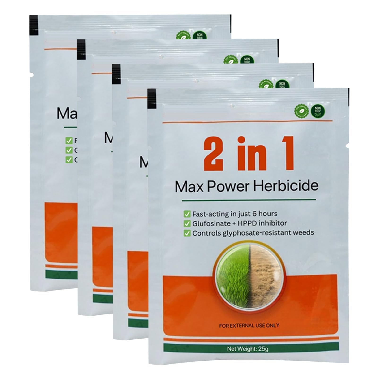 2 in 1 Max Power Herbicide-4Pcs, Fast-Acting Weed Killer, 𝐆𝐥𝐮𝐟𝐨𝐬𝐢𝐧𝐚𝐭𝐞 and 𝐇𝐏𝐏𝐃 Inhibitor, Action Powerful Concentrated Fast Acting Reaching the Roots, 25g