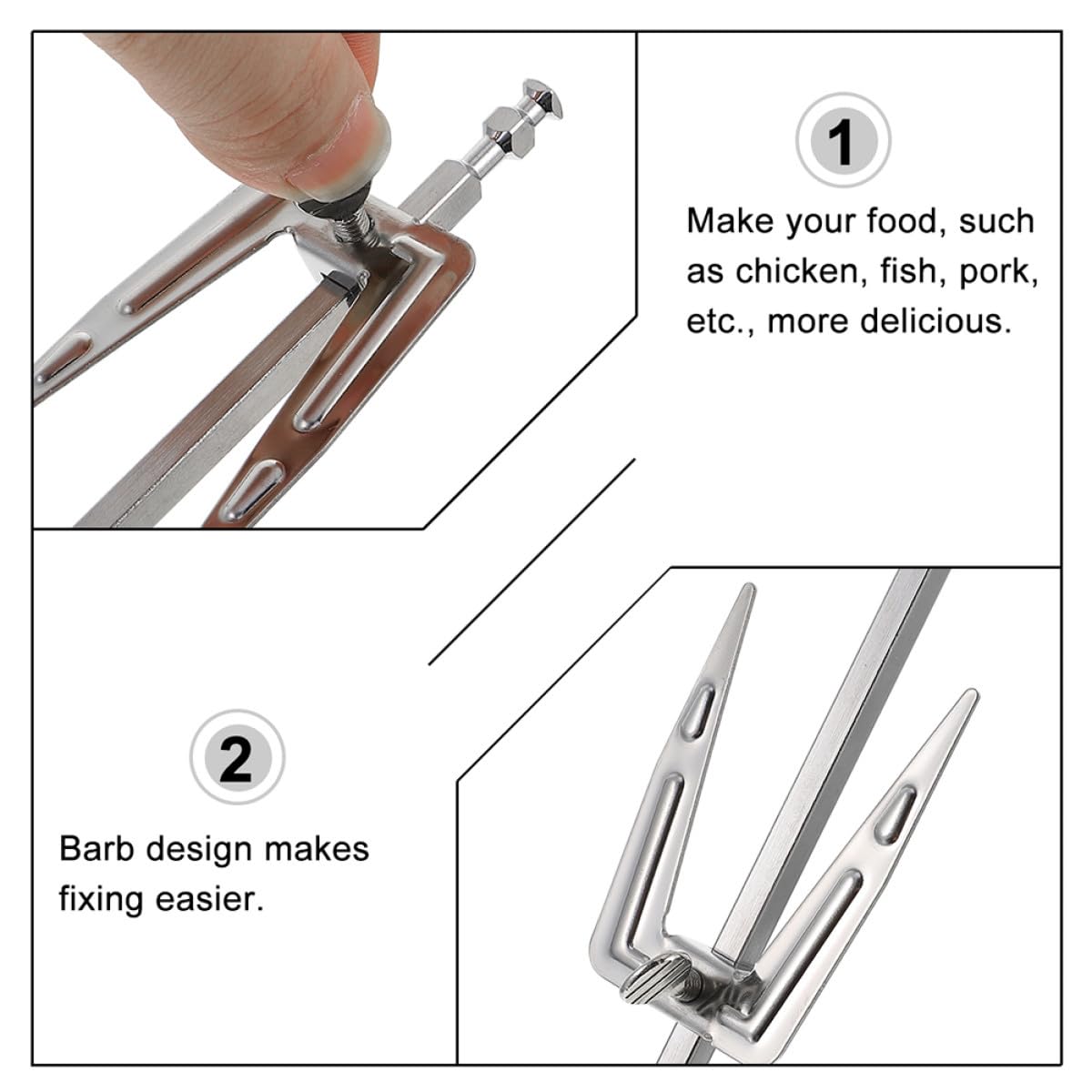 Forche Rotanti da Barbecue in Acciaio Inox 25cm 2 Pezzi | Argento, Antiruggine e Facili da Usare, per Pollo e Maiale, Accessori Bbq per Casa