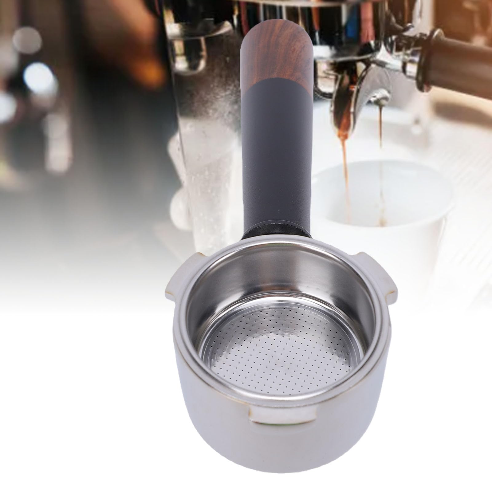 Portafiltro de café de 51 Mm, 3 Orejas, Acero Inoxidable con Mangos de Nogal, para Máquinas de Espressos (Caño doble con fondo)