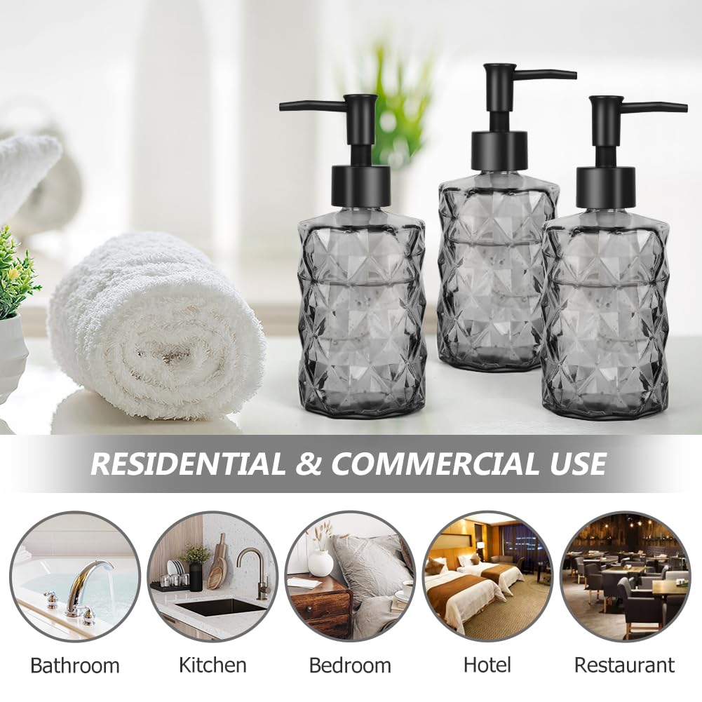 Dispenser di sapone in vetro trasparente, 325 ml, set da 3, dispenser di sapone nero con pompa in plastica resistente alle intemperie, ricaricabile, dispenser di sapone liquido da cucina, bagno, per