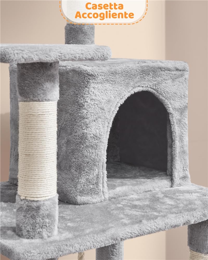 Tiragraffi per Gatti Alto 160 cm Albero per Gatti in Peluche Multilivello con 1 Grotta 2 Trespoli 1 Amaca 1 Pompon Grigio scuro