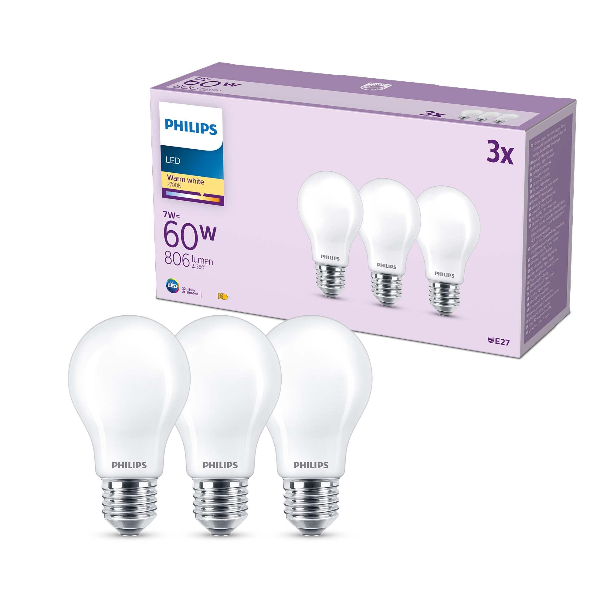 Philips Philips LED Frosted A60 Light Bulb 3 Pack [Warm White 2700K - E27 Edison Screw] 60W, Non Dimmable. for Home Indoor Lighting