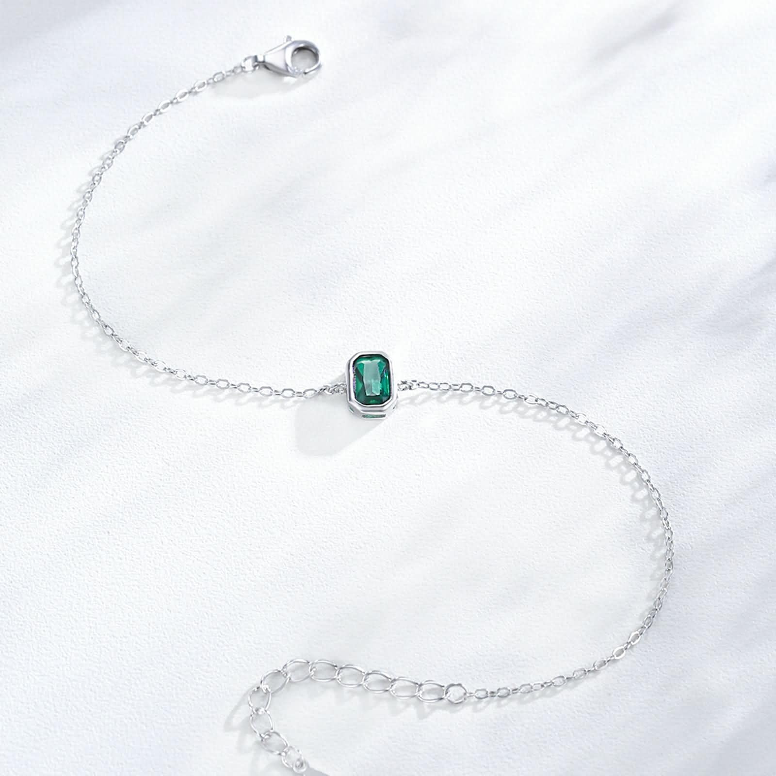 Pulsera de Mujer de Oro Blanco 9 Kilates / 14 Kilates / 18 Kilates, Rectángulo con Esmeralda Creada, Cadena Extensible 16 CM + 5 CM, Pulsera de Plata Verde de Mujer