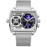 Mens Square Qaurtz Watches-Big Face Two Time Zone, Waterproof Chronograph, Alarm, Date, Stainless Steel Band Digital Analog Watch for Men