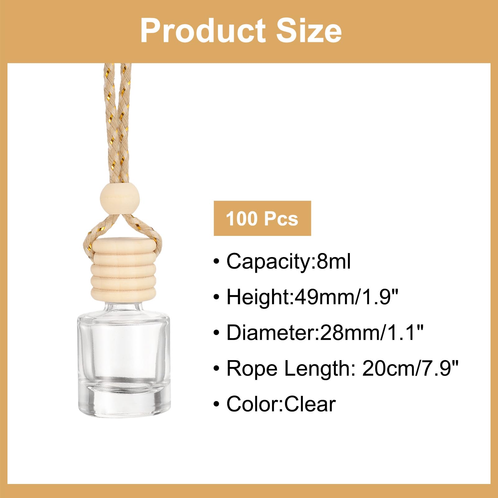 QUARKZMAN 100 Piezas Colgante Perfume Ambientador Para Auto Botella Vacía Vidrio Transparente 8ml Con Tapa Madera Difusor Aromaterapia Para Decoración Auto (Transparente Cilíndrico)