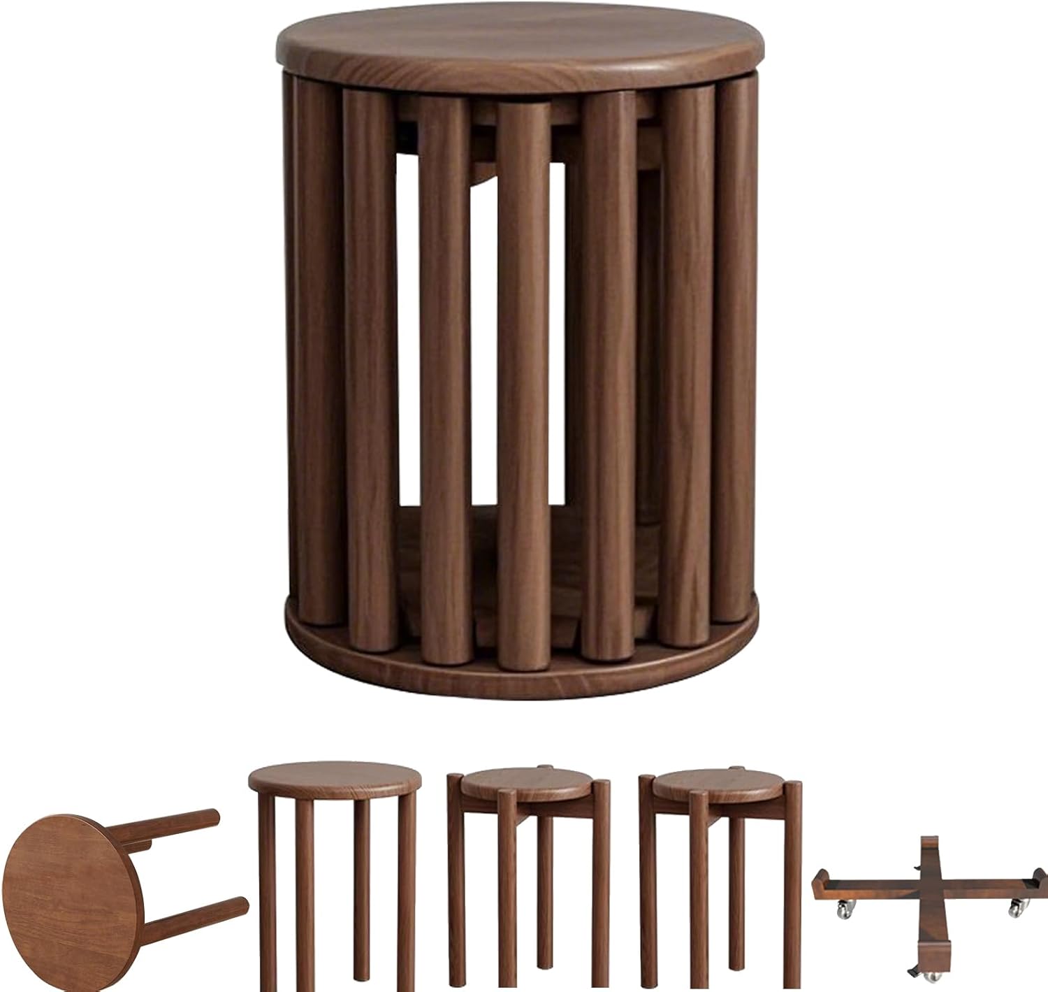 Stackable Stools Set of 4, Nesting Stools with Wheels, Movable Side Tables, Coffe Table, No Installation Required,Top Stackable Stool for Kitchen, Bedroom, Living Room (Walnut Color, Circle) Walnut Color Circle