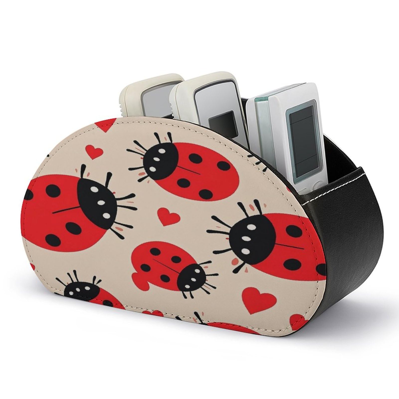 FekiLoot Leather TV Remote Control Holder with 5 Compartments Multifunctional TV Remote Holder Bedside Table Remote Caddy Storage Box Ladybug Remote Organizer for Home Office