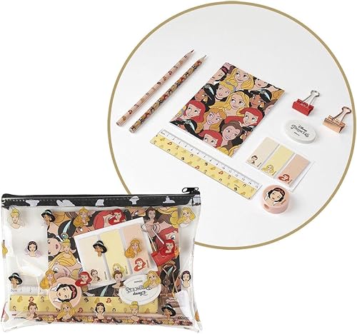 CERDÁ LIFE'S LITTLE MOMENTS - Set Papeleria Escolar Princess Incluye Estuche Transparent 27 x 14 cm, Cuaderno A6, Lapiz, Lapiz de Color, Sacapuntas,