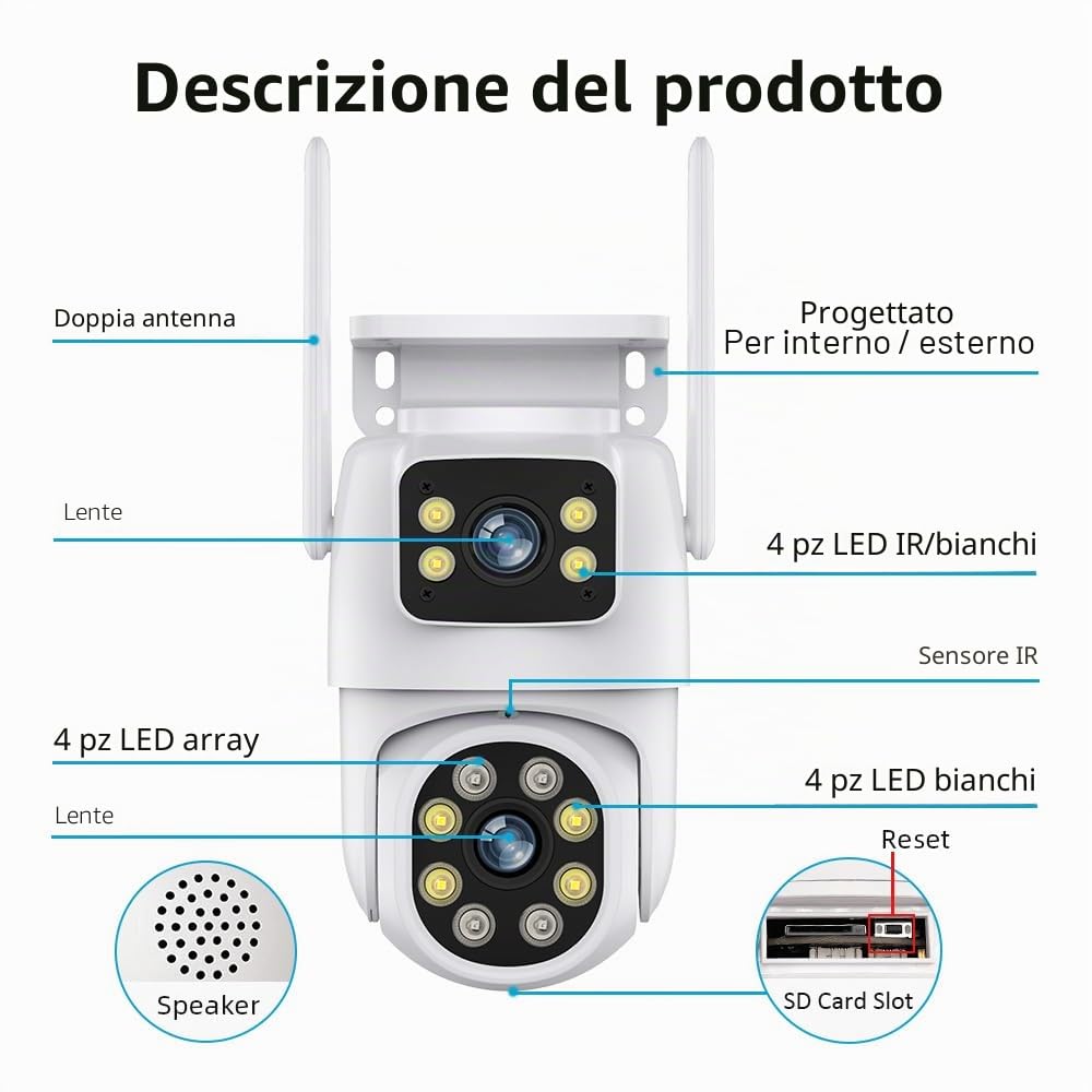 Telecamera Wi-Fi Esterno con Doppia Lente, 6 MP Telecamera Esterna IP PTZ Videocamera Sorveglianza 360° Telecamera di Sicurezza + 64 G Scheda SD Audio Bidirezionale Visione Notturna Tracciamento Auto