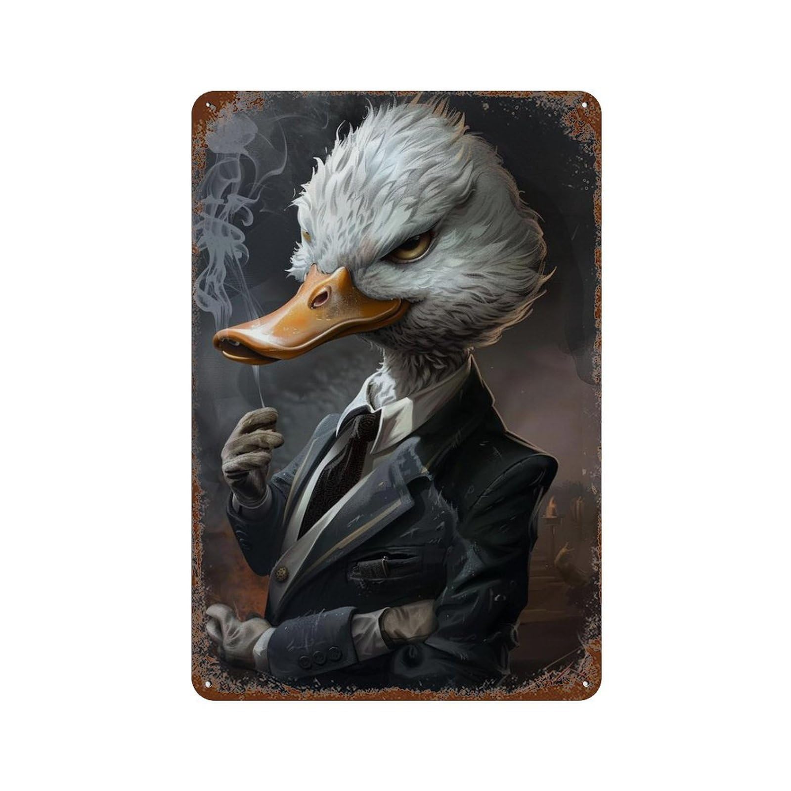 Gentleman Duck Smoking Cigar Rust Effect Tin Sign 11.8"x7.9", Retro Wall Decor for Pub, Kitchen And Man Cave Decor