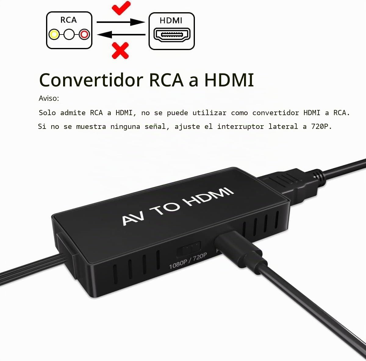 Convertidor RCA a HDMI, Adaptador Convertidor AV a HDMI, Convertidor Compuesto Wii/PS2/VHS/VCR/DVD/X box/n64 aHDMI convertidor para Nuevo televisor, Compatible con PAL/NTSC
