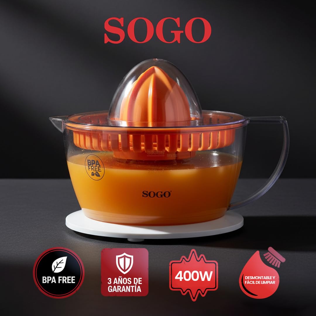 Sogo Presse-agrumes électrique à jus d'orange et de citron avec 2 cônes et couvercle, automatique, puissant et silencieux, carafe 0,5 litre, blanc, 40 W (SS-5223)
